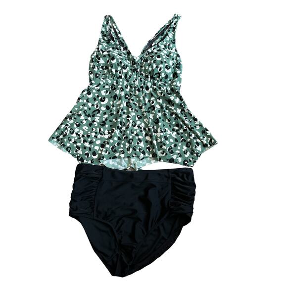 Kona Sol Tankini 2X Green Leopard Print Black High Waisted Coverage - Picture 3 of 16